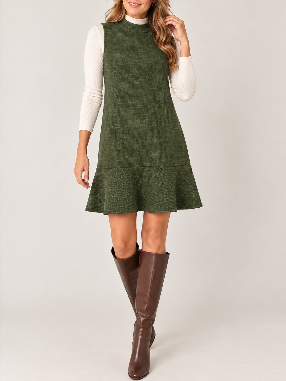 LOFT Deep Olive Green Textured Mock Neck Flounce Dress Size 8